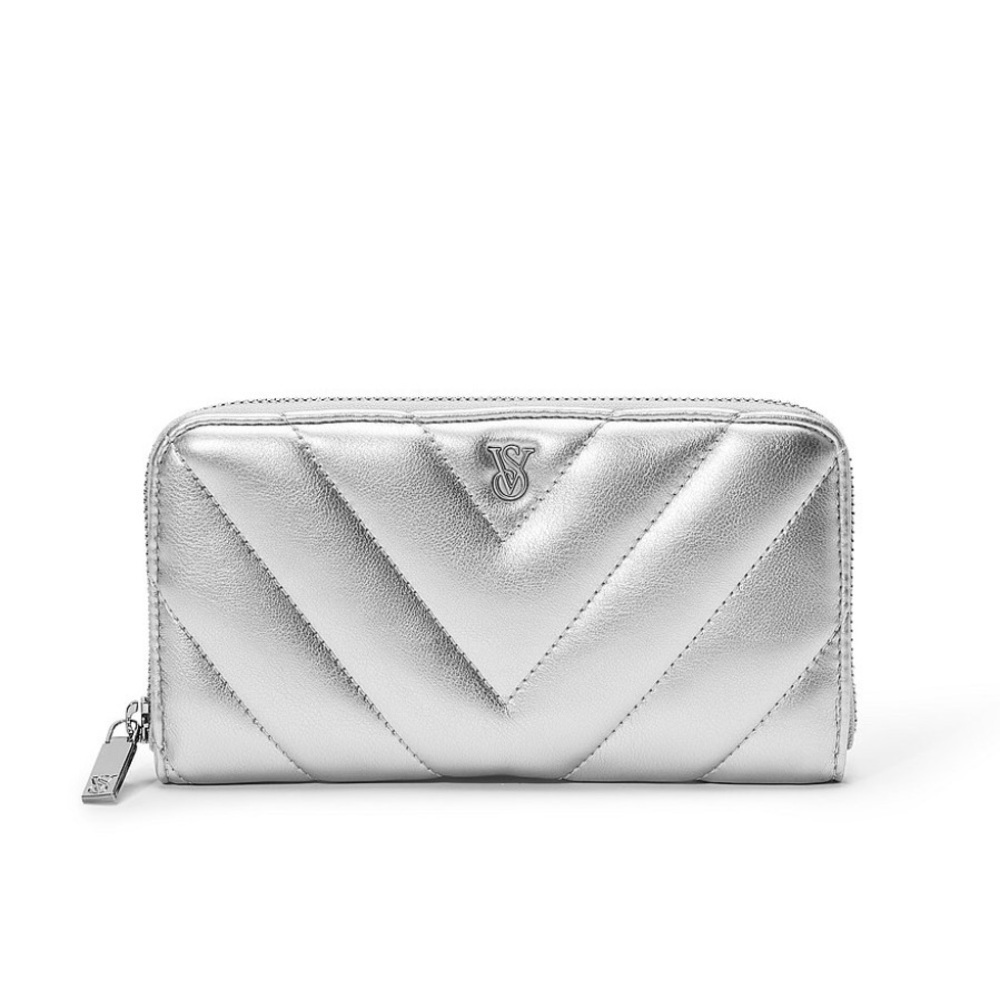 Victoria's Secret Silver Quilted  Large Wallet with Zip Closure